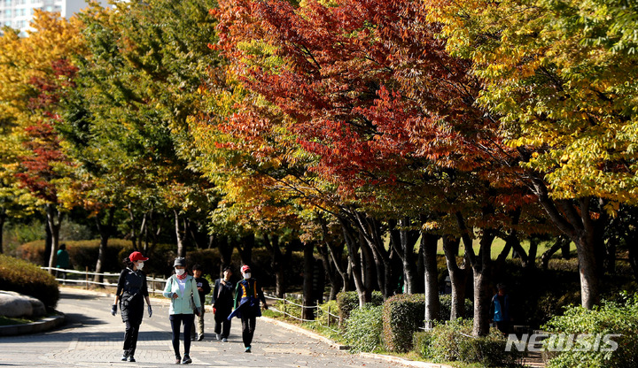 [서울=뉴시스] 추상철 기자 = 완연한 가을날씨를 보인 13일 오후 서울 송파구 올림픽공원이 단풍으로 물들어 가고 있다. 2022.10.13. scchoo@newsis.com