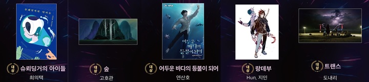 '제9회 SF어워드' 부문별 대상 수상작. 왼쪽부터 장편소설, 중‧단편소설, 웹소설, 만화‧웹툰, 영상 부문 대상작. (사진=과학기술정보통신부 제공) *재판매 및 DB 금지