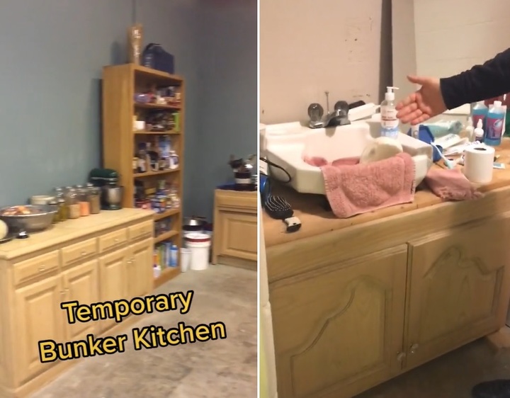 [서울=뉴시스] 루빈이 공개한 방공호의 부엌과 화장실. 루빈은 방공호를 거주 공간으로 탈바꿈시키는 것에 꽤나 긴 시간이 걸릴 것이라 밝혔다. (사진출처: 틱톡 영상 캡처) 2022.10.18. *재판매 및 DB 금지