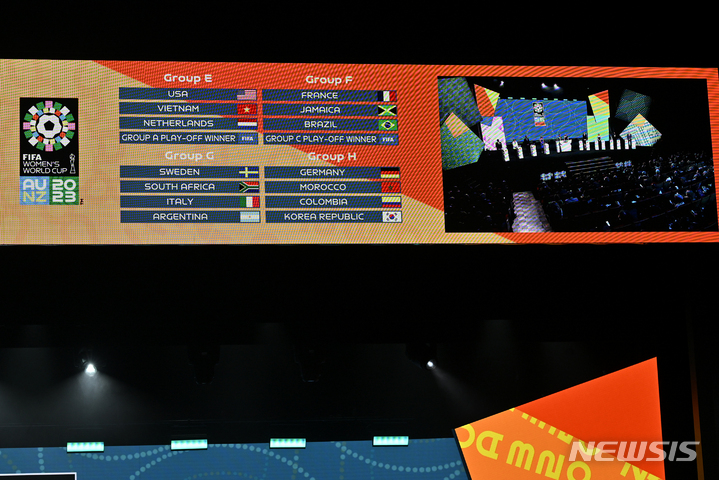 [오클랜드=AP/뉴시스] 뉴질랜드 오클랜드에서 지난 22일(한국시간) 열린 2023 FIFA 여자월드컵 조 추첨이 끝난 뒤 조 편성 현황이 LED 전광판에 게시되고 있다. 내년 호주와 뉴질랜드에서 열리는 여자월드컵에서 한국여자축구대푵미은 독일, 콜롬비아, 모로코와 H조에 편성됐다. 2022.10.22.