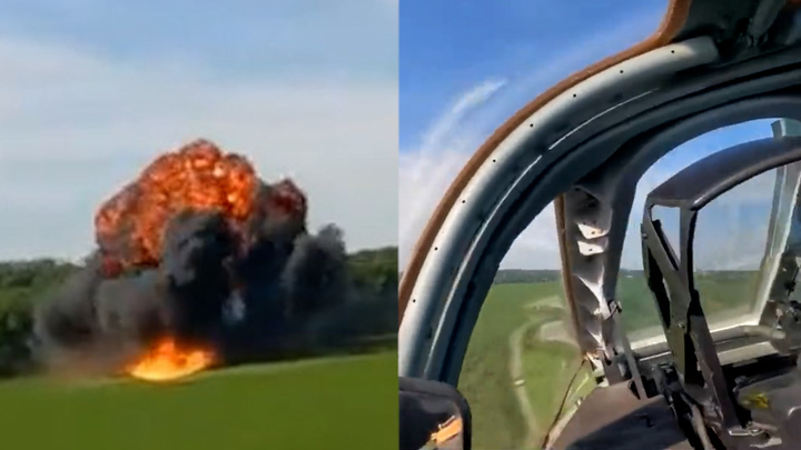 러시아 전투기가 지상으로 곤두박질치기 직전 조종사는 좌석 사출로 비상 탈출하고 곧이어 전투기가 폭발하면서 화염을 뿜어냈다. 조종사의 헬멧에 장착된 비디오로 촬영된 ‘1인칭 영상’ 안에 숨 막히는 순간이 모두 담겼다. 출처: 트위터 *재판매 및 DB 금지