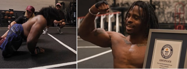 [서울=뉴시스] 다이아몬드 푸쉬업 기록 경신에 도전중인 자이언 클라크(왼쪽), 기네스 기록을 달성한 후 자이언은 "고비를 넘기게 해 주는 것은 목표를 달성할 때까지 밀고 나가는 정신력"이라고 말했다. (사진출처: 기네스 세계기록 유튜브 영상 캡처) 2022.10.27. *재판매 및 DB 금지