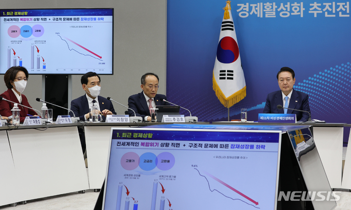 [서울=뉴시스] 홍효식 기자 = 윤석열 대통령이 27일 오후 서울 용산 대통령실 청사에서 열린 제11차 비상경제민생회의에서 추경호 경제부총리 겸 기획재정부 장관의 '최근 경제상황과 경제활성화 추진방향'에 대한 보고를 경청하고 있다. (대통령실통신사진기자단) 2022.10.27. yesphoto@newsis.com