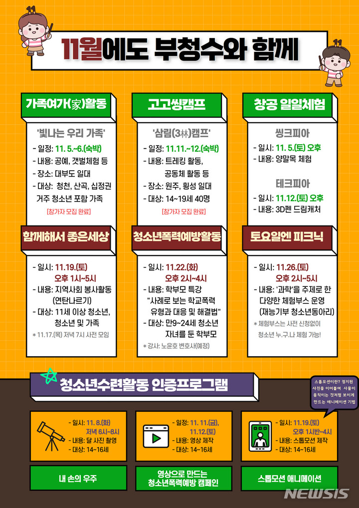 부평구청소년수련관, 11월 1박2일 청소년 캠프 등 진행