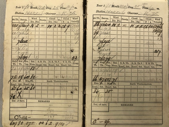 [서울=뉴시스] 1904년 3월25일 기상 관측 기록 (사진=문화재청 제공:) 2022.11.03. photo@newsis.com *재판매 및 DB 금지