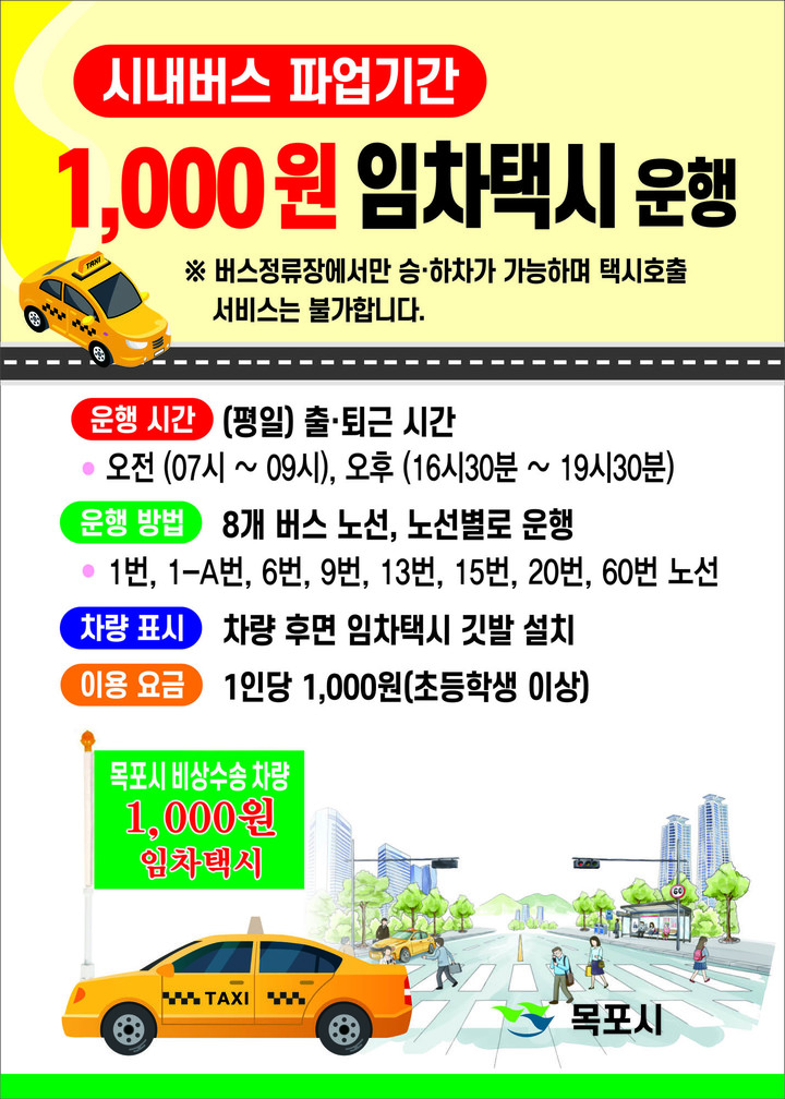 시내버스 파업 목포시, 9일부터 '1000원 임차택시' 운영