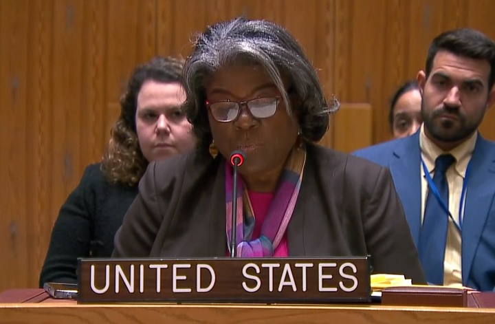 [워싱턴=뉴시스]린다 토머스-그린필드 유엔 주재 미국 대사가 4일(현지시간) 유엔 안전보장이사회에서 발언하고 있다. (사진=유엔 웹TV) 2022.11.04. *재판매 및 DB 금지