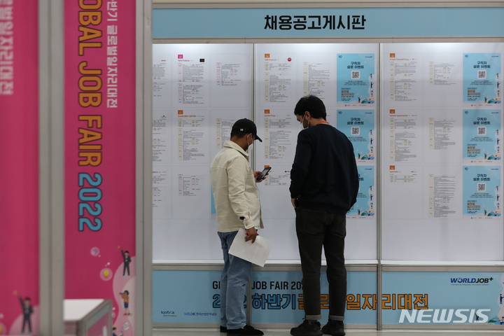 [서울=뉴시스] 김근수 기자 = 서울 서초구 aT센터에서 열린 '2022 하반기 글로벌 일자리 대전'에서 구직자들이 채용공고 게시판을 보고 있다. 2022.11.10. ks@newsis.com