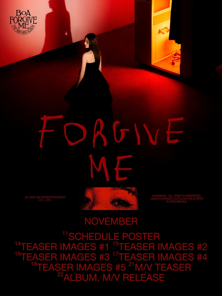 [서울=뉴시스]보아(BoA) 세 번째 미니앨범 '포기브 미(Forgive Me)' 스케줄 포스터 2022.11.11. (사진= SM엔터테인먼트 제공) photo@newsis.com *재판매 및 DB 금지
