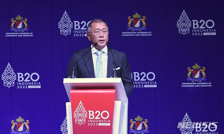 [서울=뉴시스]현대자동차그룹 정의선 회장이 13일 인도네시아 발리에서 열린 'B20 서밋 인도네시아 2022'에서 '에너지 빈곤 및 공정하고 질서 있는 지속가능한 에너지 전환 가속화'를 주제로 기조연설을 했다. 정 회장은 "전 지구적 기후변화 위기와 에너지 빈곤을 해결하기 위한 과감한 결단과 리더십이 절실한 시점"이라고 역설했다.(사진=현대차그룹) 2022.11.13 photo@newsis.com