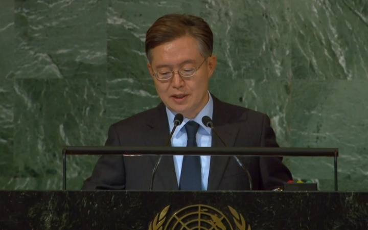 [워싱턴=뉴시스]황준국 주유엔 한국대사가 17일(현지시간) 안전보장이사회 개편과 관련한 유엔 총회에서 발언하고 있다. (사진=유엔웹TV 캡처) 2022.11.17. *재판매 및 DB 금지