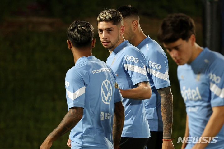 [도하(카타르)=뉴시스] 백동현 기자 = 페데리코 발베르데를 비롯한 우루과이 축구대표팀 선수들이 19일(현지시간) 오후 카타르 도하 알 에르살 트레이닝센터에서 훈련장에 들어서고 있다. 2022.11.20. livertrent@newsis.com