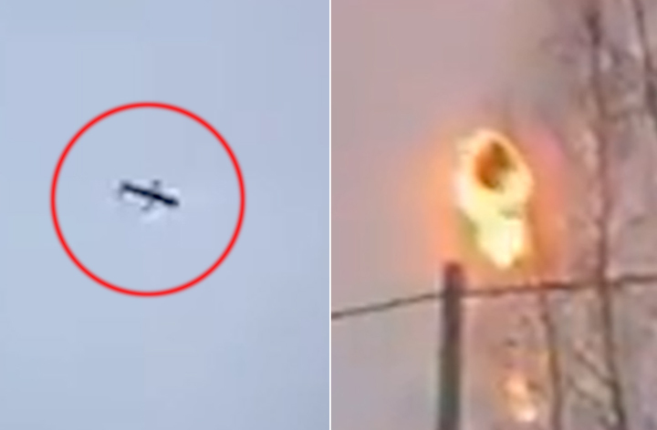 지난 15일(현지시각) 우크라이나 키이우 상공에 나타난 러시아 순항미사일(왼쪽)이 격추당해 폭발하는 모습. 출처: Euan MacDonald 트위터 *재판매 및 DB 금지