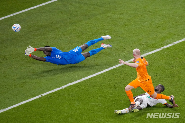 [도하=AP/뉴시스] 네덜란드의 다비 클라선이 21일(현지시간) 카타르 도하의 알투마마 경기장에서 열린 2022 카타르 월드컵 조별리그 A조 1차전 세네갈과의 경기 후반 54분 추가 골을 넣고 있다. 2022.11.22.