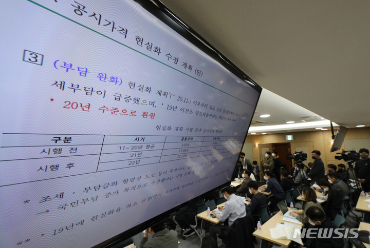 [서울=뉴시스] 김금보 기자 = 22일 오후 서울 서초구 한국부동산원 서울강남지사에서 '내년 부동산 공시가격을 지난 2020년 수준으로 현실화율 환원'하는 수정안을 골자로 하는 부동산 공시가격 현실화 계획 공청회가 열리고 있다. 2022.11.22. kgb@newsis.com