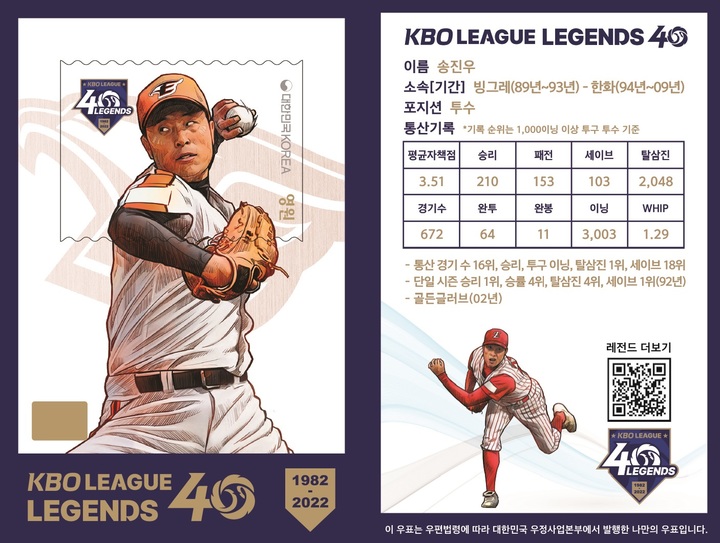 [서울=뉴시스] 과학기술정보통신부 우정사업본부는 KBO, 한국조폐공사와 함께 KBO 리그 출범 40주년을 기념한 ‘한국 프로야구 레전드 40인’ 우표 16만장을 발행한다. (사진=우정사업본부) 2022.11.24 *재판매 및 DB 금지