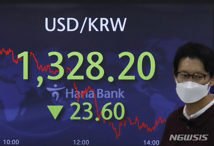 [서울=뉴시스] 고승민 기자 = 서울 외환시장에서 원·달러 환율이 전 거래일(1317.6원)보다 23.6원 내린 1328.2원에 마감한 24일 서울 중구 하나은행 딜링룸에서 딜러들이 업무를 보고 있다. 2022.11.24. kkssmm99@newsis.com