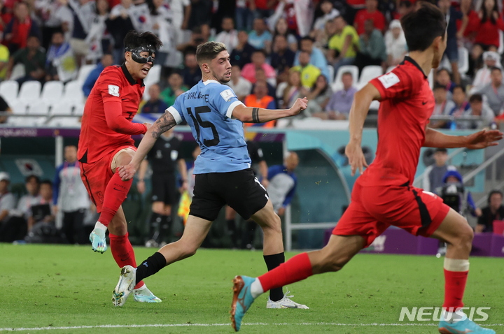 [알라이얀(카타르)=뉴시스] 조성우 기자 = 24일(현지시간) 카타르 알라이얀 에듀케이션 시티 스타디움에서 열린 2022 카타르 월드컵 H조 1차전 대한민국과 우루과이의 경기, 손흥민이 슛을 시도하고 있다. 2022.11.25. xconfind@newsis.com