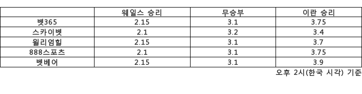 [승부예측]월드컵 본선 첫 대면, 웨일스 vs 이란…2.15배 : 3.75배