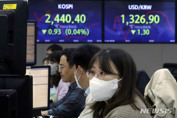 [서울=뉴시스] 최동준 기자 = 코스피가 전 거래일보다 0.88포인트(0.04%) 오른 2442.21로 장을 시작한 25일 서울 중구 하나은행 딜링룸에서 딜러들이 업무를 보고 있다. 2022.11.25. photocdj@newsis.com