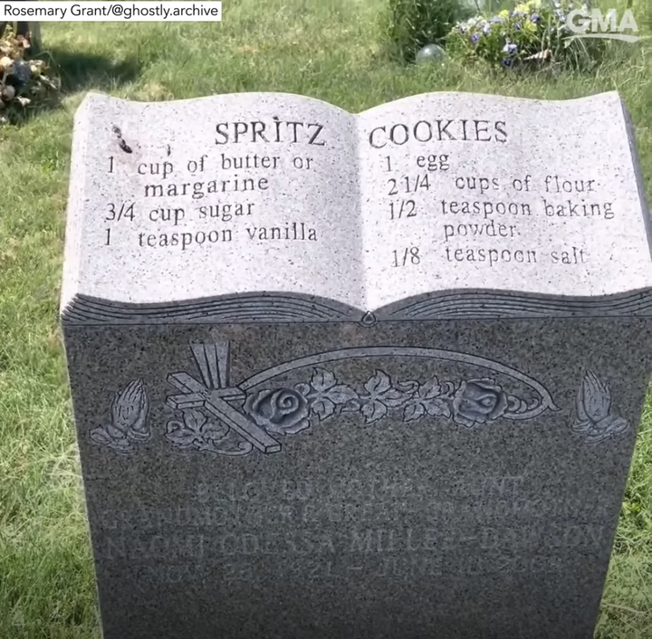 [서울=뉴시스] 묘비석에 새겨진 레시피를 따라 요리를 해보고 틱톡에 공개한 미국 여성이 화제가 됐다고 18일(현지시간) CBS 뉴스가 보도했다. <출처 : Good Morning America 유튜브 캡처> 2022.11.28. *재판매 및 DB 금지