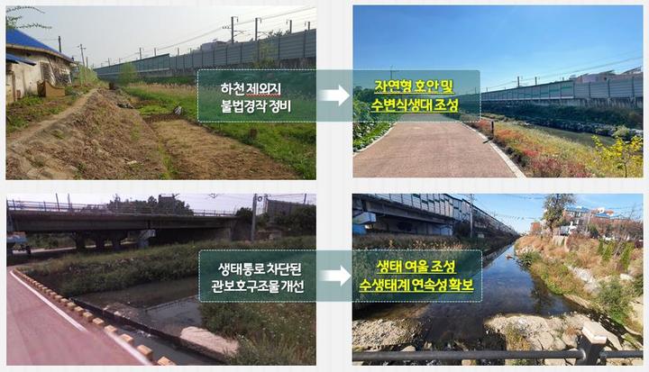 [서울=뉴시스] 오산시 궐동천 생태하천복원사업 전후(사진=환경부 제공) *재판매 및 DB 금지 *재판매 및 DB 금지