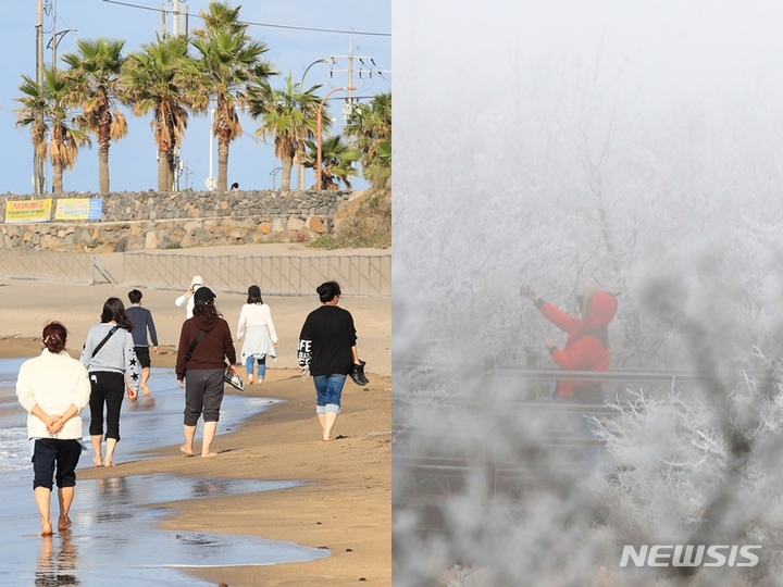 [제주=뉴시스] 우장호 기자 = 불과 이틀 전 낮 최고기온이 27.4도까지 오르는 등 초여름 날씨를 보였던 제주 지역에도 매서운 추위가 불어닥쳤다. 사진은 지난 28일 제주시 이호해수욕장 해변을 맨발로 걸어가는 관광객(왼쪽)과 30일 오전 제주 한라산 1100고지 습지에 올해 들어 첫 눈이 내린 모습. 2022.11.30. woo1223@newsis.com