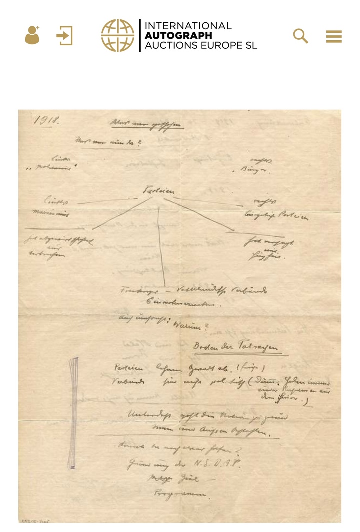 [서울=뉴시스] 히틀러가 절대적 권력을 주장한 1925년 연설을 준비하면서 쓴 친필 메모가 경매에서 약 4100만 원에 팔릴 예정이라고 29일(현지시간) 데일리 메일이 보도했다. <출처 : International Autograph Auctions Europe SL 사이트 캡처> 2022.11.30. *재판매 및 DB 금지