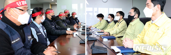 [세종=뉴시스] 강종민 기자 = 구헌상 국토교통부 물류정책관 등 정부 측과 김태영 화물연대본부 수석부위원장 등 화물연대 측이 30일 2차 교섭을 위해 세종시 정부세종청사에서 마주 앉아 있다. 2022.11.30. ppkjm@newsis.com