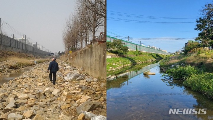 [오산=뉴시스] 궐동천 복원전(사진 왼쪽), 복원후(사진 오른쪽) (사진 = 오산시 제공)
