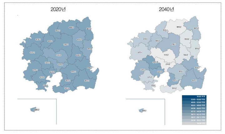 [안동=뉴시스] 시군별 생산연령인구 구성비 2020, 2040년. 경북도 제공 *재판매 및 DB 금지