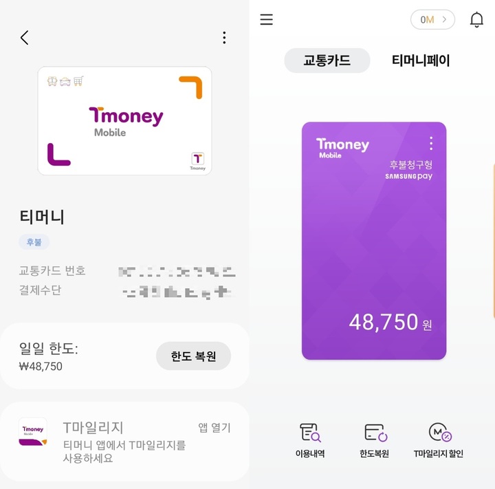 삼성페이(왼쪽)와 모바일티머니의 교통카드 서비스. 두 앱 간 교통카드가 연동돼 모바일티머니에 등록된 교통카드에 '삼성페이(Samung Pay)' 마크가 표시되어 있다. (사진=삼성페이·모바일티머니 캡처) *재판매 및 DB 금지