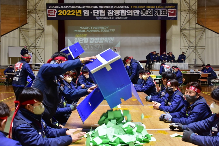 [울산=뉴시스]지난 8일 임단협 잠정합의안 찬반투표 개표하는 현대중공업 노조. (사진=현대중공업 노조 제공) photo@newsis.com *재판매 및 DB 금지