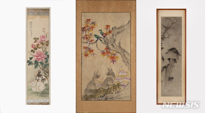 [서울=뉴시스] '화조영모도-토끼와 모란'(20세기 전반, 왼쪽부터), '화조영모도-토끼와 단풍나무'(광복 이후), '송응도'(19세기). (사진=국립민속박물관 제공) 2022.12.09. photo@newsis.com *재판매 및 DB 금지