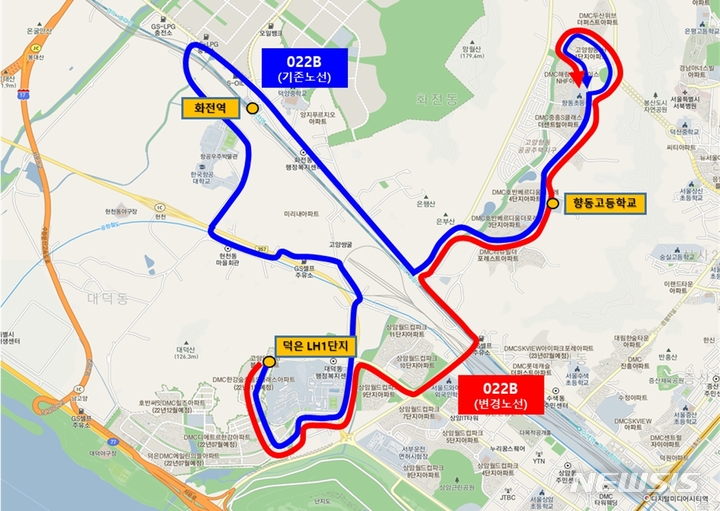 022B 마을버스 노선도 단축 전후 비교. (사진=고양시 제공)