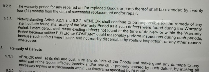 [서울=뉴시스] 현대중공업과 에너지엔이 체결한 사우디아라비아 슈퀘이크발전소 급수가열기 공급 계약 중 '잠재 하자' 책임을 규정한 부분. (사진=에너지엔 제공) 2022.12.12 photo@newsis.com *재판매 및 DB 금지