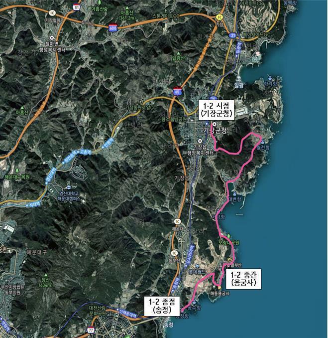 [부산=뉴시스] 부산 갈맷길 1-2 구간이 내년 1월부터 기존 기장군청에서 문탠로드(다소미공원)까지 21.4km 에서 기장군청에서 송정해수욕장까지 14.6km로 줄어든다.(사진=부산시 제공)  *재판매 및 DB 금지