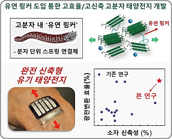 [대전=뉴시스] 유연 링커가 도입된 고분자 전자 받개 및 해당 소재가 사용된 완전 신축형 유기 태양전지 성능. *재판매 및 DB 금지