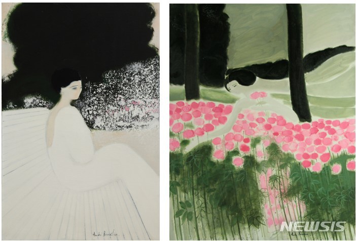 [서울=뉴시스]앉아있는 여인 (하얀 벤치), 1980, Oil on canvas, 81 x 54 cm&nbsp;&nbsp;&nbsp;&nbsp;&nbsp;&nbsp;&nbsp;&nbsp;&nbsp;&nbsp; 장미원, 1974, Oil on canvas, 146 x 114 cm