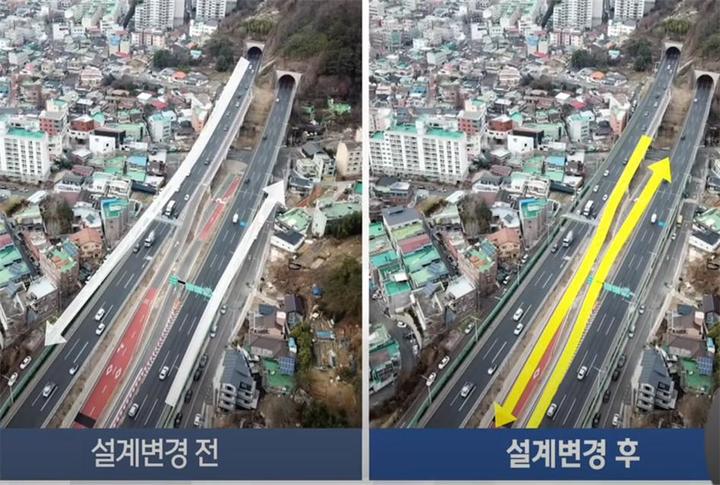 [광주=뉴시스] 송창헌 기자 = 안전성 문제로 완공되자마자 폐쇄된 광주 제2순환도로 지산나들목(IC) 진출도로와 관련, 설계변경 과정에 대한 감사 요구에 이어 자문회의 회의록이 조작됐다는 주장이 14일 광주시의회에서 제기됐다. 설계변경 전과 후의 달라진 진출입로. (사진=광주시의회 제공) 2022.12.14 photo@newsis.com *재판매 및 DB 금지