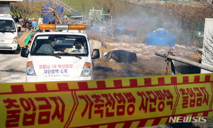 [부산=뉴시스] 하경민 기자 = 부산 기장군의 한 농장에서 방역요원들이 출입을 통제한 채 고병원성 AI 방역소독을 펼치고 있다. 2022.12.20. yulnetphoto@newsis.com