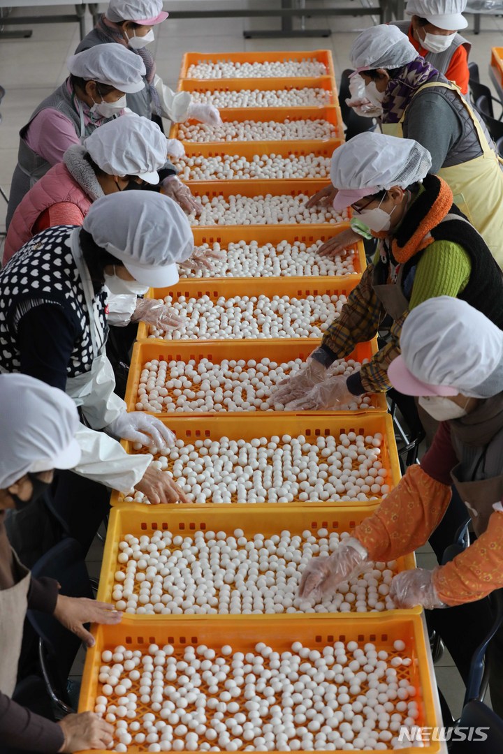 [부산=뉴시스] 하경민 기자 = 동지를 하루 앞둔 21일 부산 부산진구 삼광사 내 식당에서 불자들이 동지팥죽에 넣을 새알심을 건조하고 있다. 삼광사는 신도와 시민 등 1만명과 팥죽을 나눌 예정이다. 2022.12.21. yulnetphoto@newsis.com