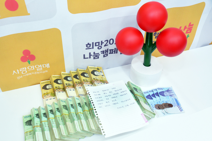 경남 익명의 나눔천사가 경남사회복지공동모금회 사무실 앞에 두고간 성금과 손편지.(사진=경남모금회 제공) 2022.12.22. *재판매 및 DB 금지
