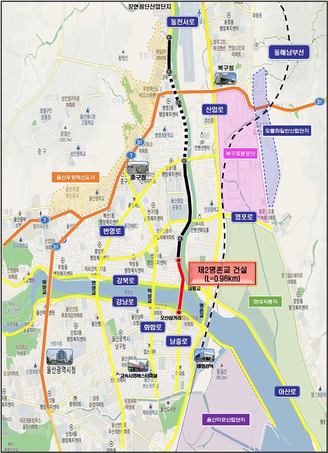 [울산=뉴시스] 유재형 기자 = 울산시는 기획재정부가 27일 제8차 재정사업평가위원회를 열어 ‘제2명촌교 건설사업’의 예비타당성조사 결과에 대해 심의해 의결했다고 밝혔다.사진은 위치도. 2022.12.27. (사진= 울산시 제공)photo@newsis.com *재판매 및 DB 금지