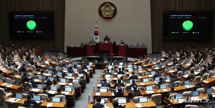 [서울=뉴시스] 추상철 기자 = 28일 오후 서울 여의도 국회에서 열린 '제401회 국회(임시회) 제4차 본회의'에서 전북특별자치도 설치 등에 관한 특별법안(대안)이 가결되고 있다. 2022.12.28. scchoo@newsis.com