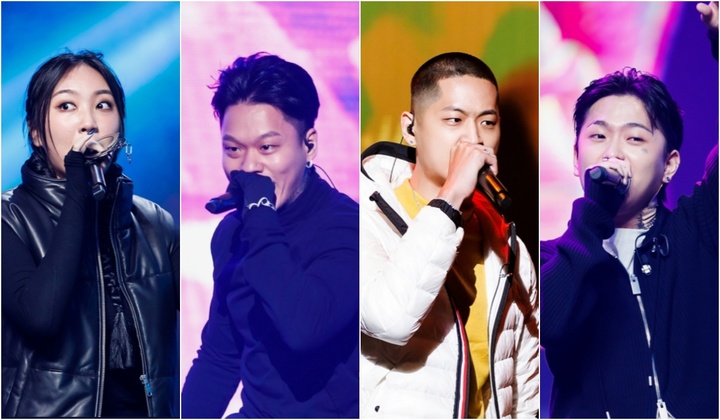 [서울=뉴시스] (왼쪽부터) 이영지,던말릭, 블라세,허성현 2022.12.30.(사진 = 엠넷 '쇼미더머니11' 제공) photo@newsis.com *재판매 및 DB 금지