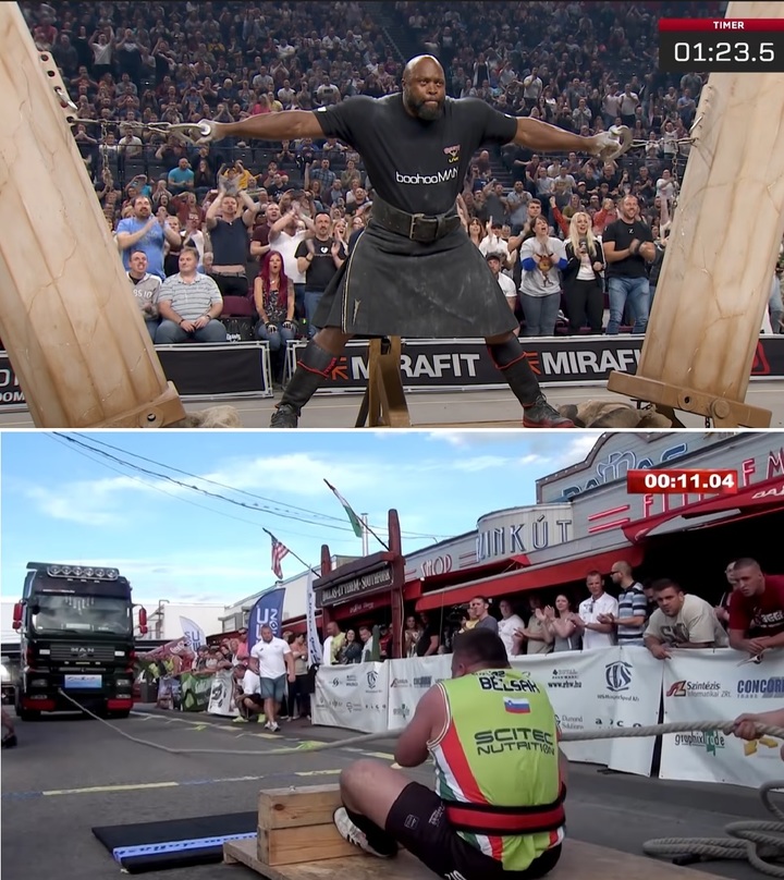 [서울=뉴시스] 스트롱맨은 규격화되지 않은 전신의 순수한 힘을 경쟁하는 스포츠이다. 선수들은 양 손으로 무거운 기둥을 잡고 버티거나(위), 팔 힘만 가지고 트럭을 끌어야 한다(아래) (사진출처: 자이언트 라이브 스트롱맨 유튜브 영상 캡처) 2023.01.02. *재판매 및 DB 금지