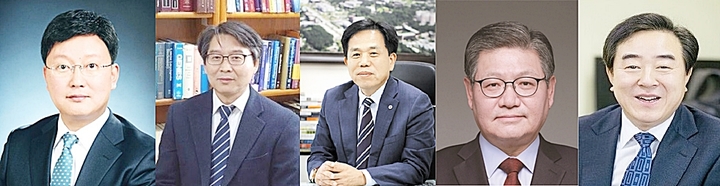 충북대 총장 선거에 출마한 후보(후보자 등록 순). 왼쪽부터 이재은(56·행정학과), 홍진태(61·약학대학), 임달호(57·국제경영학과), 김수갑(61·법학전문대학원), 고창섭(59·전기공학부) 교수. *재판매 및 DB 금지