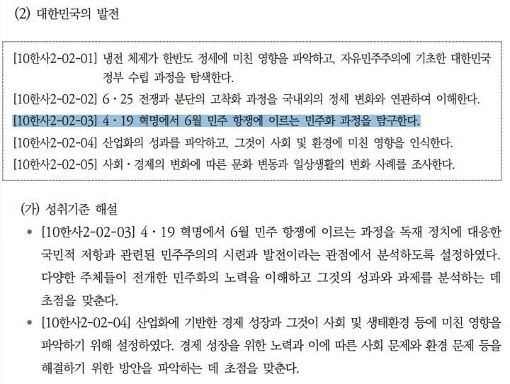 [세종=뉴시스] 지난해 12월 교육부가 확정해 고시한 '2022 개정 고등학교 교육과정' 중 사회과 공통과목 '한국사2' 일부. 5·18 민주화 운동 표현이 빠져 있다. (자료=국가교육과정정보센터 2022 개정 교육과정 갈무리). 2023.01.03. photo@newsis.com *재판매 및 DB 금지