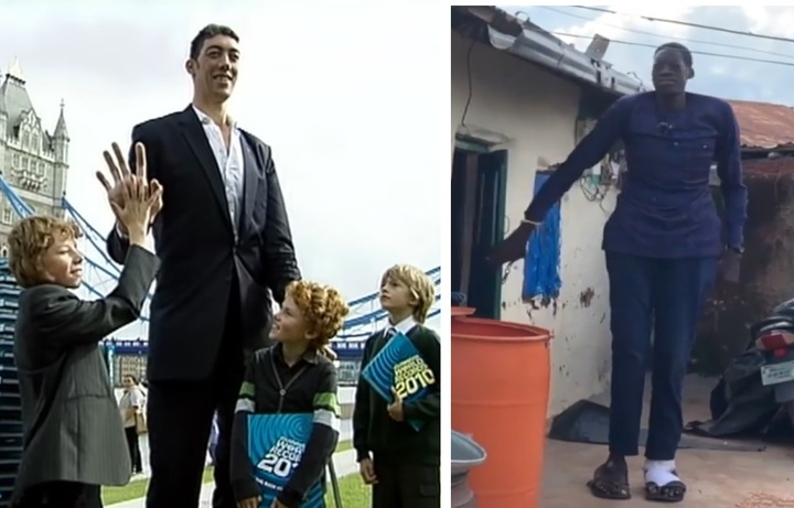 [서울=뉴시스] 공식 최장신 기네스 보유자인 술탄 쾨센(왼쪽)과 쾨센에 도전한 술레마나 압둘 사메드(오른쪽), 사메드는 본인의 키가 289㎝라고 주장했지만, 공식 측정 결과 223㎝인 것으로 밝혀졌다. 243㎝의 쾨센보다 약 20㎝가 작다 (사진출처: 기네스 세계기록, BBC 영상 캡처) 2023.01.05. *재판매 및 DB 금지